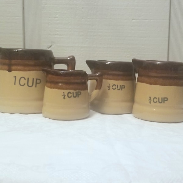 Set of 4 Clay Brown Crock Jug Measuring Liquid Measuring Cups, 1 Cup, 3/4 Cup, 1/2 Cup, and 1/4 Cup - Vintage, Kitchenware, Cooking