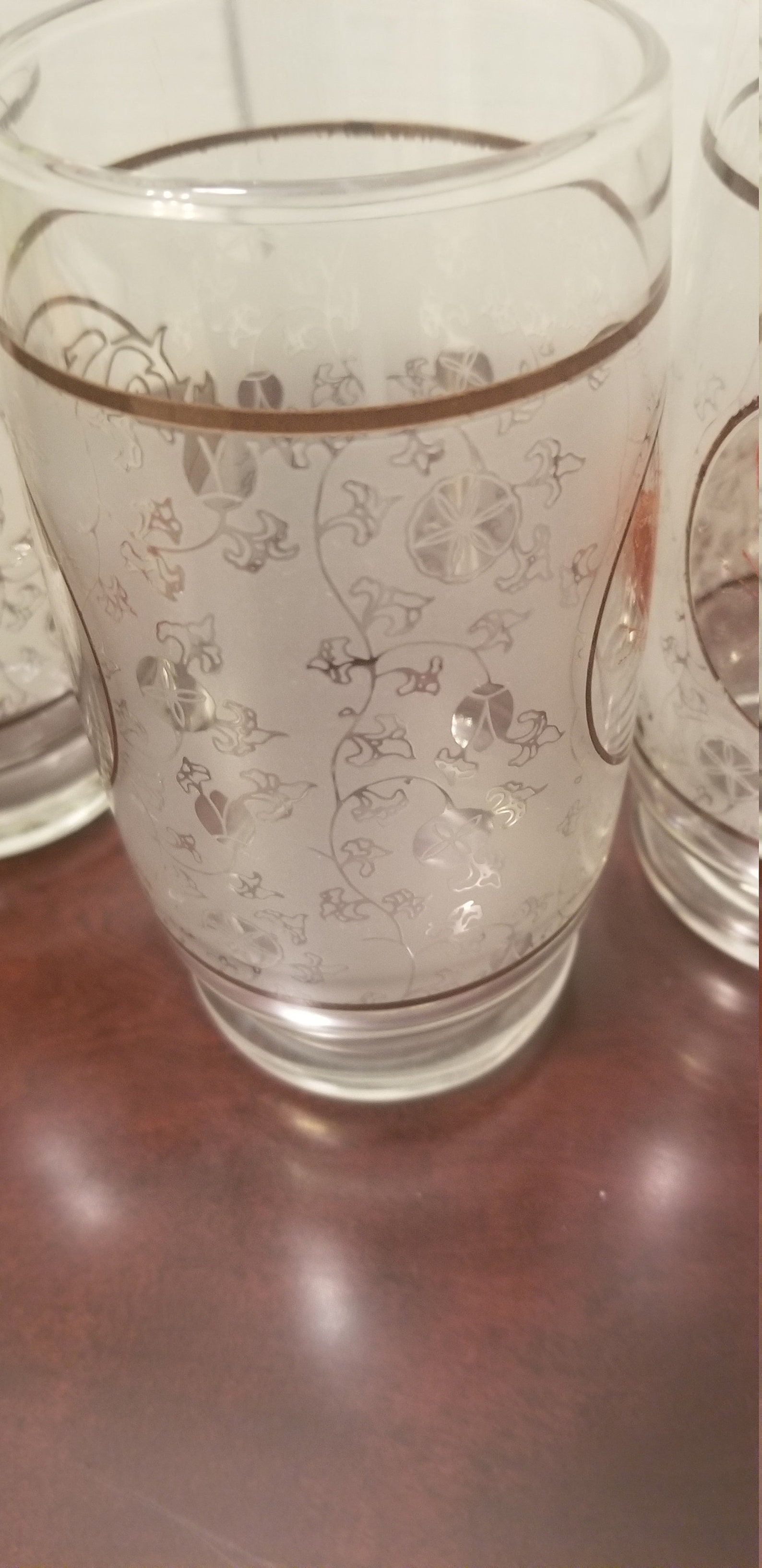 MCM Footed Drinking Glasses With White Floral Lace Vine Design Etsy
