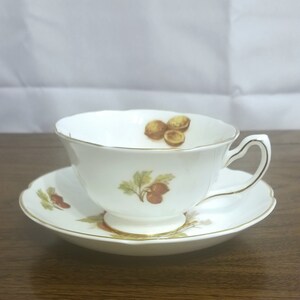 Puede incluir: Un juego de taza y platillo de té blanco con ribete dorado. La taza de té tiene un diseño floral con bayas y hojas marrones. El platillo tiene un diseño similar con un borde dorado.