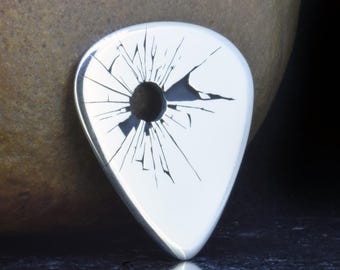 Hallmarked Silver Standard Guitar Pick with Bullet Hole - 1.33mm Thick