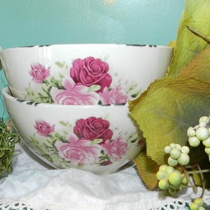 Puede incluir: Dos cuencos de cerámica blanca apilados, cada uno adornado con un patrón floral de rosas rosas y rojas. Los cuencos están rodeados de vegetación decorativa, creando una estética vintage.