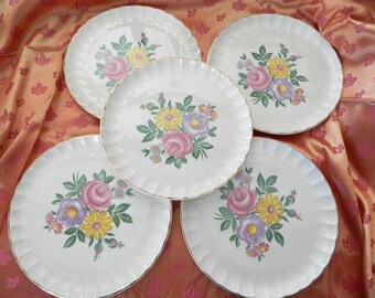 SeT 0F 5 W.S. GE0RGE R0MANCE B0LER0 DiNNER PLATeS/10" DiAM./SCALL0PED EDGE WITH FL0RAL DeSIGN.