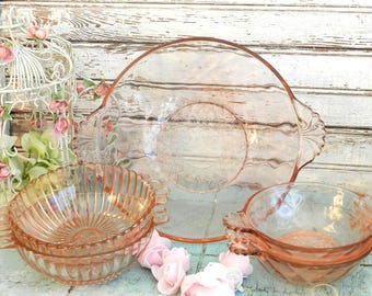 PiNK DEPRESSI0N GLASS SeRVING B0WL& MiSMATCHED DESSERT B0WLS