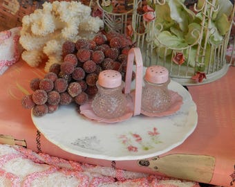 4pc. DAiNTY SALT & PePPER SHAKER SeT/ 1 1/2&quot; TAll WiTH 6.5&quot; DiAM. PLATe
