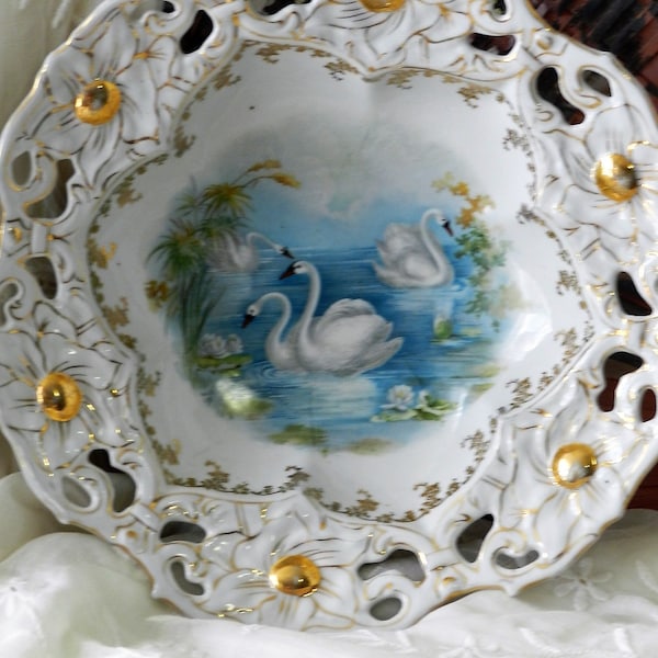Antique Silver Filigree Swan Boat Decorative Bowl
