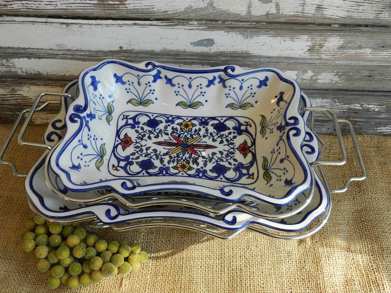 White Italy Ceramic Oven Baking Trays Large Hot Dish Serving Round Tureen  Dinner Holiday Party Farmhouse Kitchen Cottage Grape Leaf Embossed 