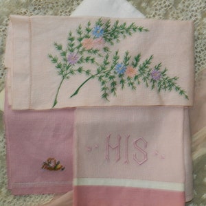 SET Of 3 VINTAGE LINENS/Pink Hand Embroidered.