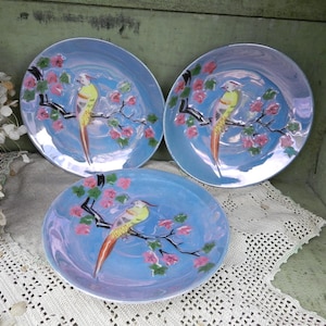 SeT 0F 3 ViNTAGE BLUE LUSTREWArE JAPANESE SAuCERS HANDPAiNTED W/ RAiSED BiRDS & CHERRY BL0SSOMS - L0T 0F 3