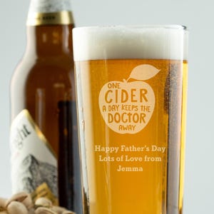 Personalised Pint Glass Engraved with a One Cider A Day Design