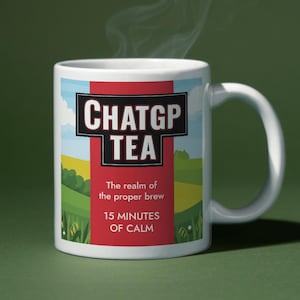 May include: A white ceramic mug featuring a graphic of a green landscape with a red vertical stripe. The text reads CHATGP TEA, The realm of the proper brew, and 15 MINUTES OF CALM. Steam rises from the top of the mug, which has a curved handle.