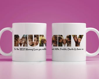 May include: Two white ceramic mugs. The word "MUMMY" is displayed on each mug in large letters, with each letter filled with a family photo. One mug reads "To the BEST Mummy! Love you millic" and the other reads "ns! Alfie, Freddie, Charlie & Anna xx".
