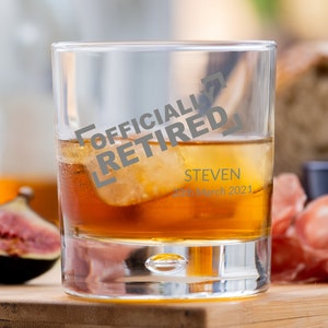 Officially Retired Stamp Effect Personalised Engraved Bubble Whiskey Glass