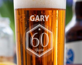 Personalised Pint Glass Engraved with your choice of number Diamond Crest Design Birthday Gift