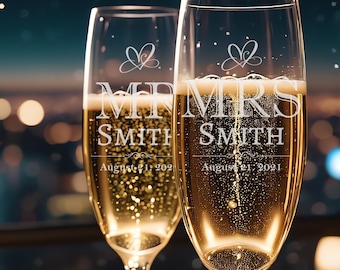 Personalised Champagne Flutes Pair, Vintage Design Couples Champagne Flutes, Personalised Wedding Glasses, Personalised Anniversary Glasses