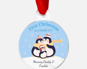 First Christmas as a Family of 3 Personalised Penguin Decoration
