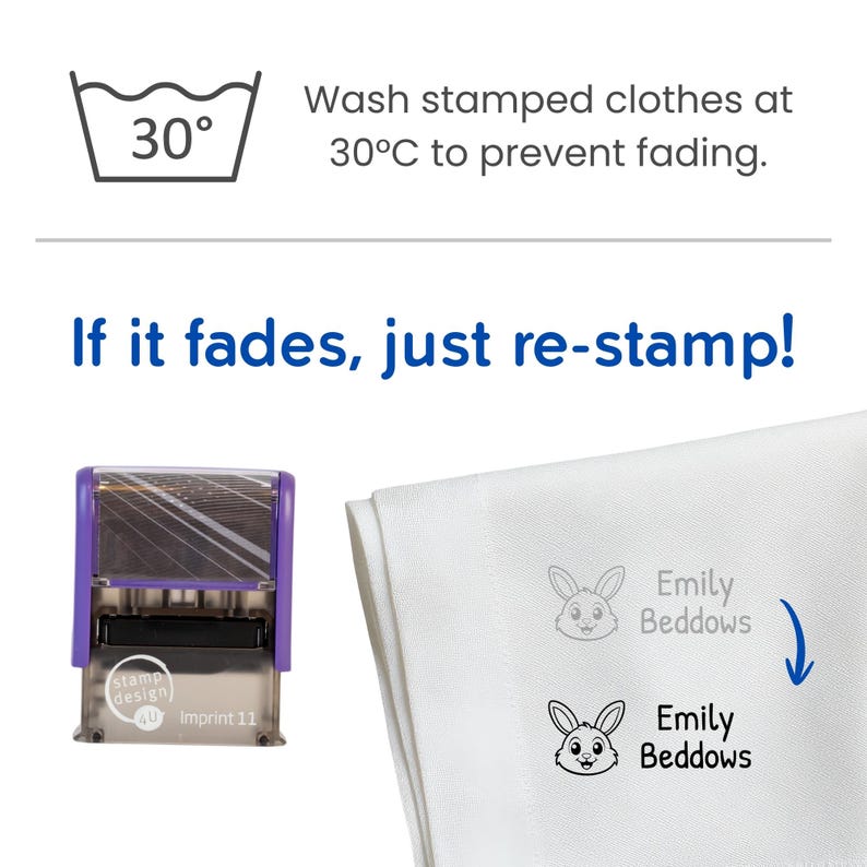 May include: A purple and silver stamp with the text "stamp design Imprint 11" next to a white cloth with two bunny illustrations and the name "Emily Beddows". The text reads "If it fades, just re-stamp!"