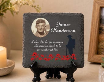 Poppy Remembrance Themed Memorial with Personalised Photo and Text | Square Slate Plaque with optional display stand