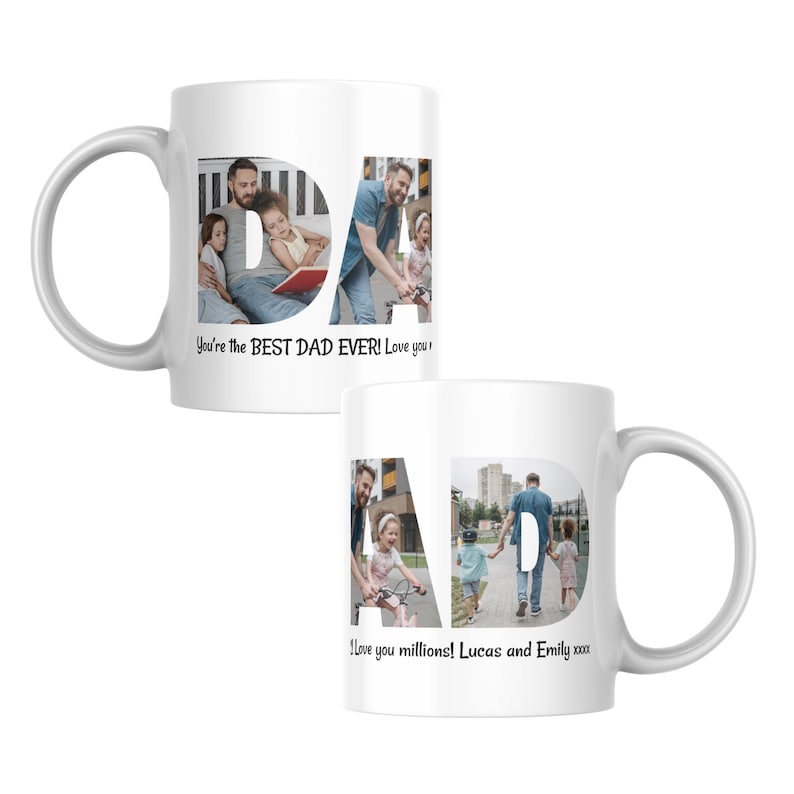 Puede incluir: Taza de cer&aacute;mica blanca con la palabra "DAD" en letras grandes, cada letra rellena con una foto familiar. La taza tiene el texto "You're the BEST DAD EVER! Love you!" y "I love you millions! Lucas and Emily xxxx".