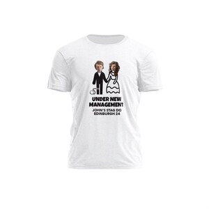 Camiseta de despedida de soltero con nueva dirección – Camiseta personalizada con la cara del novio y la novia. White