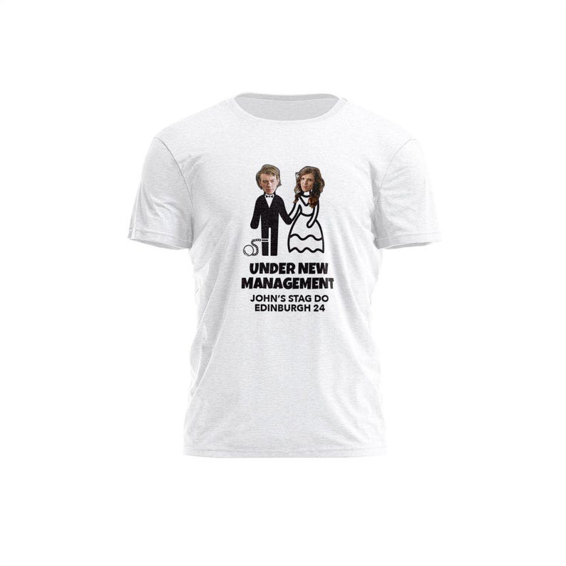 Camiseta de despedida de soltero con nueva dirección – Camiseta personalizada con la cara del novio y la novia. White