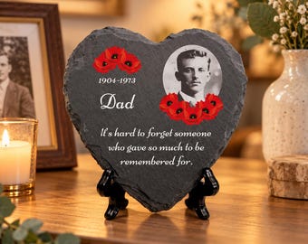 Personalised Poppy Remembrance Themed Memorial | Heart Shaped Slate Plaque with optional display stand