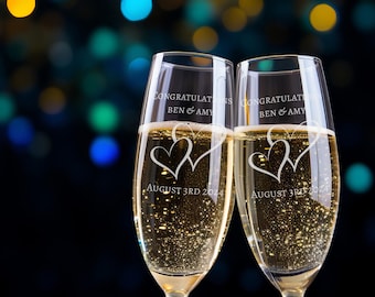 Personalised Champagne Flutes Pair, Heart Design Couples Champagne Flutes, Personalised Anniversary, Wedding, Engagement Glasses
