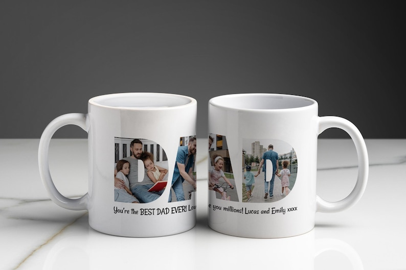 Puede incluir: Dos tazas de cer&aacute;mica blanca con la palabra "DAD" en letras grandes, cada una llena de fotos familiares. Una taza dice "You're the BEST DAD EVER!" y la otra dice "Love you millions!"