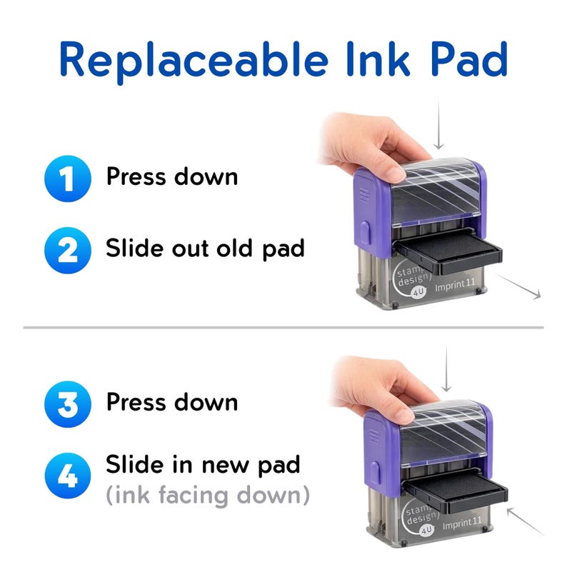 May include: Diagram illustrating how to replace an ink pad. The image shows a purple and clear stamp with instructions: press down, slide out old pad, press down, and slide in new pad. The text "Replaceable Ink Pad" is at the top.