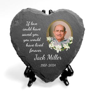 Personalised Heart Shaped Photo Memorial Slate For Graveside or Home With Optional Display Stand