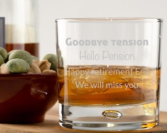 Auf Wiedersehen Spannung Hallo Rente Personalisiertes graviertes Blasen-Whiskyglas-Ruhestandsgeschenk
