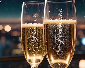 Personalised Date Champagne Flutes Pair, Fiance Fiancee Design Couples Champagne Flutes | Personalised Engagement Glasses