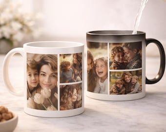 Personalised Photo Collage Mug 1 - 6 Photos. Available as classic white mug or Heat Change Mug