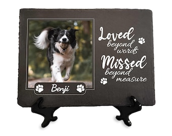 Placa conmemorativa de pizarra de gran tamaño para mascotas con foto y texto personalizados, con soporte de exhibición opcional (285 mm x 205 mm).