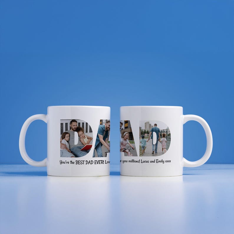 Puede incluir: Dos tazas de cer&aacute;mica blanca con la palabra "DAD" impresa. Las letras est&aacute;n llenas de fotos familiares. Una taza dice "You're the BEST DAD EVER!" y la otra dice "Love you millions! Lucas and Emily xxxx".