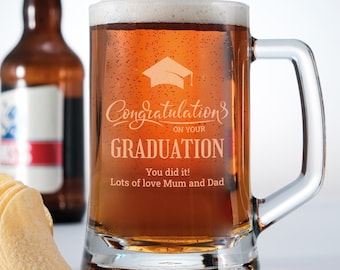Personalised Graduation Glass - 6 Glass types to choose from; wine, pint, whiskey, hiball, flute and tankard glasses.
