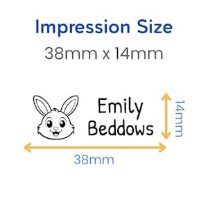 May include: A white label with the text "Emily Beddows" and a cartoon bunny face. The label measures 1.5 inches wide by 0.55 inches high. The text "Impression Size" is above the dimensions.