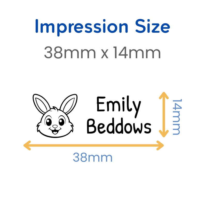 May include: A white label with the text "Emily Beddows" and a cartoon bunny face. The label measures 1.5 inches wide by 0.55 inches high. The text "Impression Size" is above the dimensions.