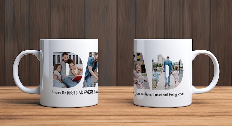 Puede incluir: Taza de cer&aacute;mica blanca con la palabra "DAD" que incorpora fotos familiares. La taza tiene un asa curva y el texto "You're the BEST DAD EVER! Love..." y "...love you millions! Lucas and Emily xxxx."