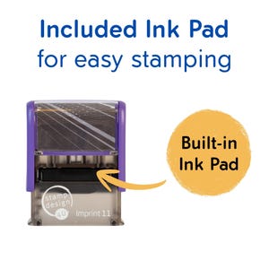 May include: A purple and clear stamp with the text "stamp design 4U Imprint 11". The image includes the text "Included Ink Pad for easy stamping" and "Built-in Ink Pad".