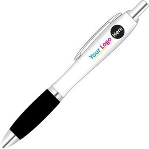May include: White pen with a black rubber grip and a silver clip. The pen has a blue, yellow, and pink logo that says "Your Logo Here".