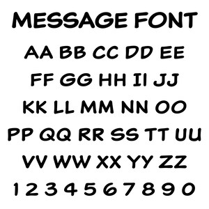 Op de afbeelding: Zwarte tekst op een witte achtergrond toont de woorden "MESSAGE FONT" boven het alfabet en de cijfers. Het alfabet wordt in hoofdletters weergegeven en de cijfers zijn van 1 tot 0.