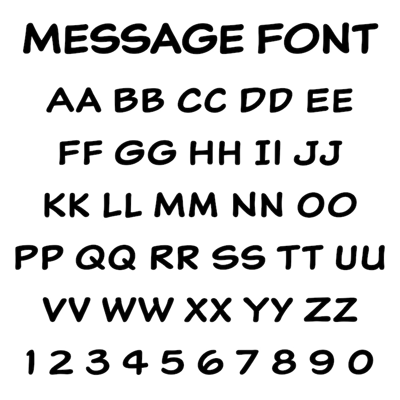 Op de afbeelding: Zwarte tekst op een witte achtergrond toont de woorden "MESSAGE FONT" boven het alfabet en de cijfers. Het alfabet wordt in hoofdletters weergegeven en de cijfers zijn van 1 tot 0.