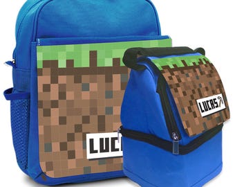 Personalised Blue Backpack or Lunch Bag | Minecrafter Theme