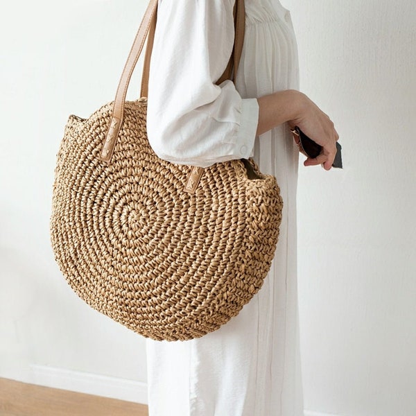 2 colours Crochet raffia round beach bag shoulder bag summer handbag boho travel tote bag