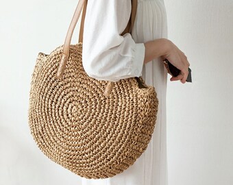 2 farben Gehäkelte Bast runde Strandtasche Schultertasche Sommerhandtasche Boho Reisetasche