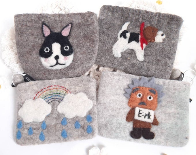 Hand Knit Felted Coin Purse: Albert Einstein, Puppy, Raindrops