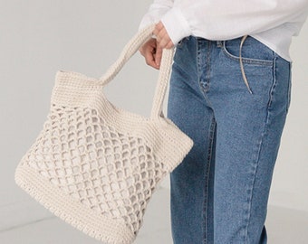 Sac d'été au crochet sac à main en corde de coton sac fait main sac de plage sac shopping sac d'épicerie sac filet sac femme