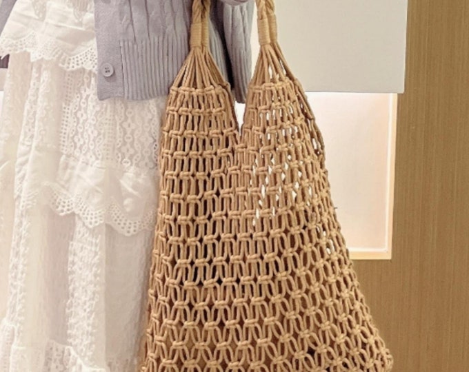 Handmade Macrame Cotton Tote Bag: Boho Summer Zippered Handbag