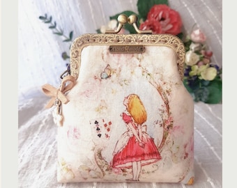 Kiss Lock coin purse Alice Cotton fabric frame purse Change purse Mini clutch purse Alice's Adventures in Wonderland Money pouch Cardholder