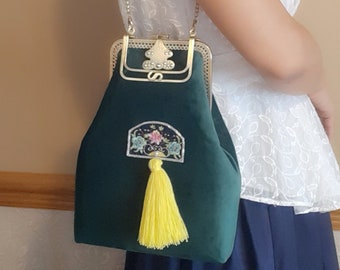 Terciopelo bordado Kiss Lock Bolso clutch Monedero de marco de terciopelo verde esmeralda con bolso de mujer entre bolsillo Bolso de noche bolso hecho a mano